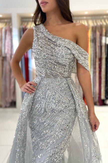 Elegant One-Shoulder Sleeveless Mermaid Lace Prom Dress with Sequins