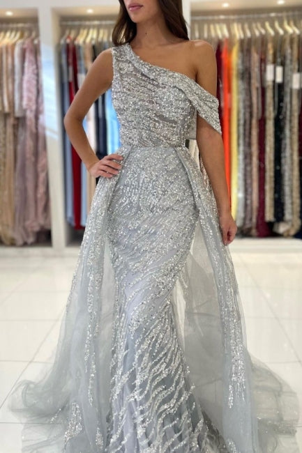 Elegant One-Shoulder Sleeveless Mermaid Lace Prom Dress with Sequins