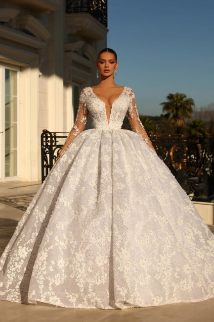 Refined Sweetheart Ball Gown with 3/4 Length Sleeves, Lace, and Rhinestones for Weddings