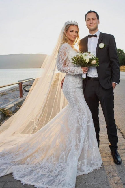 Regal V-Neck Long Sleeves Mermaid Lace Bridal Gown