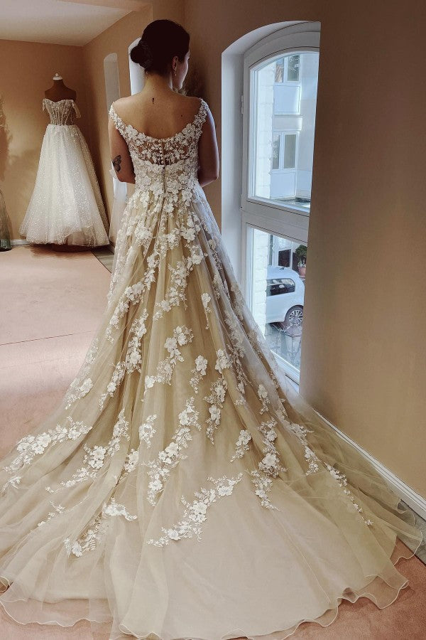 Off-the-Shoulder Appliques Wedding Dress Champagne Sleeveless