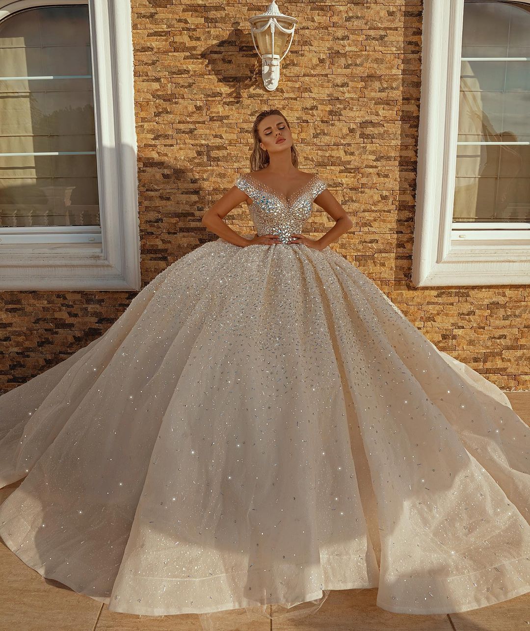 Off-the-Shoulder Ball Gown Wedding Dress With Crystals