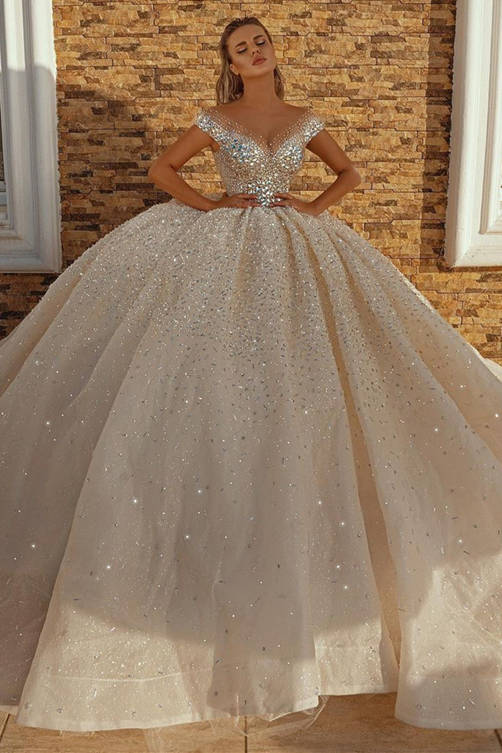 Off-the-Shoulder Ball Gown Wedding Dress With Crystals