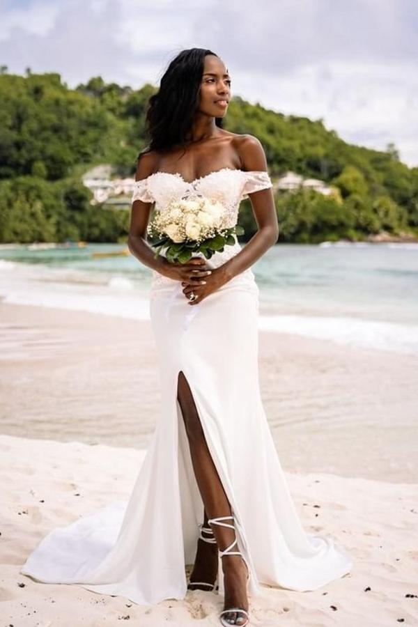 Off-the-Shoulder Beach Wedding Dress Mermaid Split Long