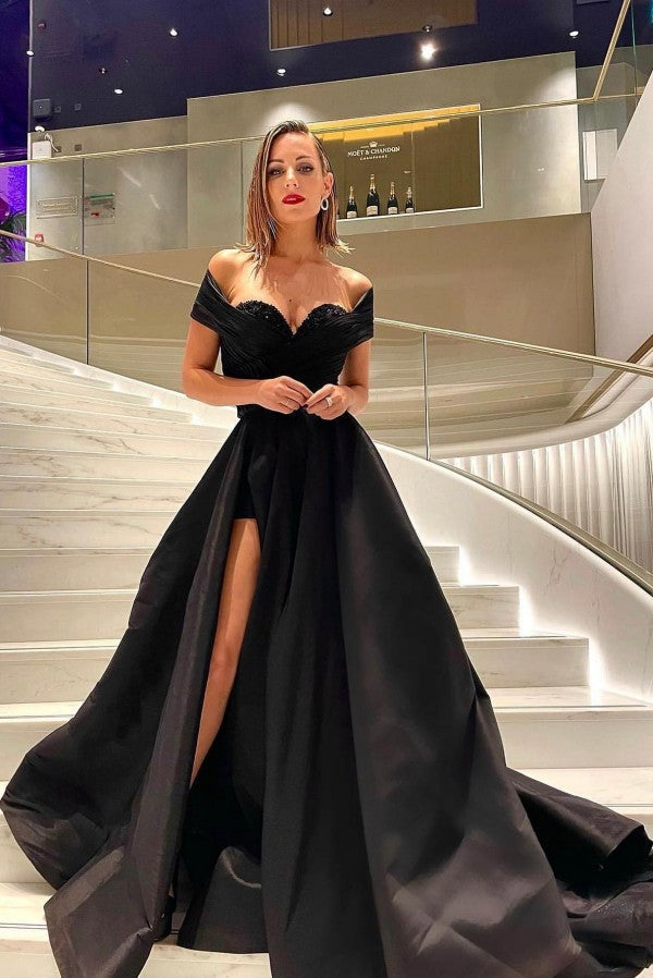 Off-the-Shoulder Black Prom Dress Lace Up Split