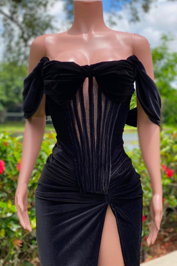 Off-the-Shoulder Black Prom Dress Velvet With Slit