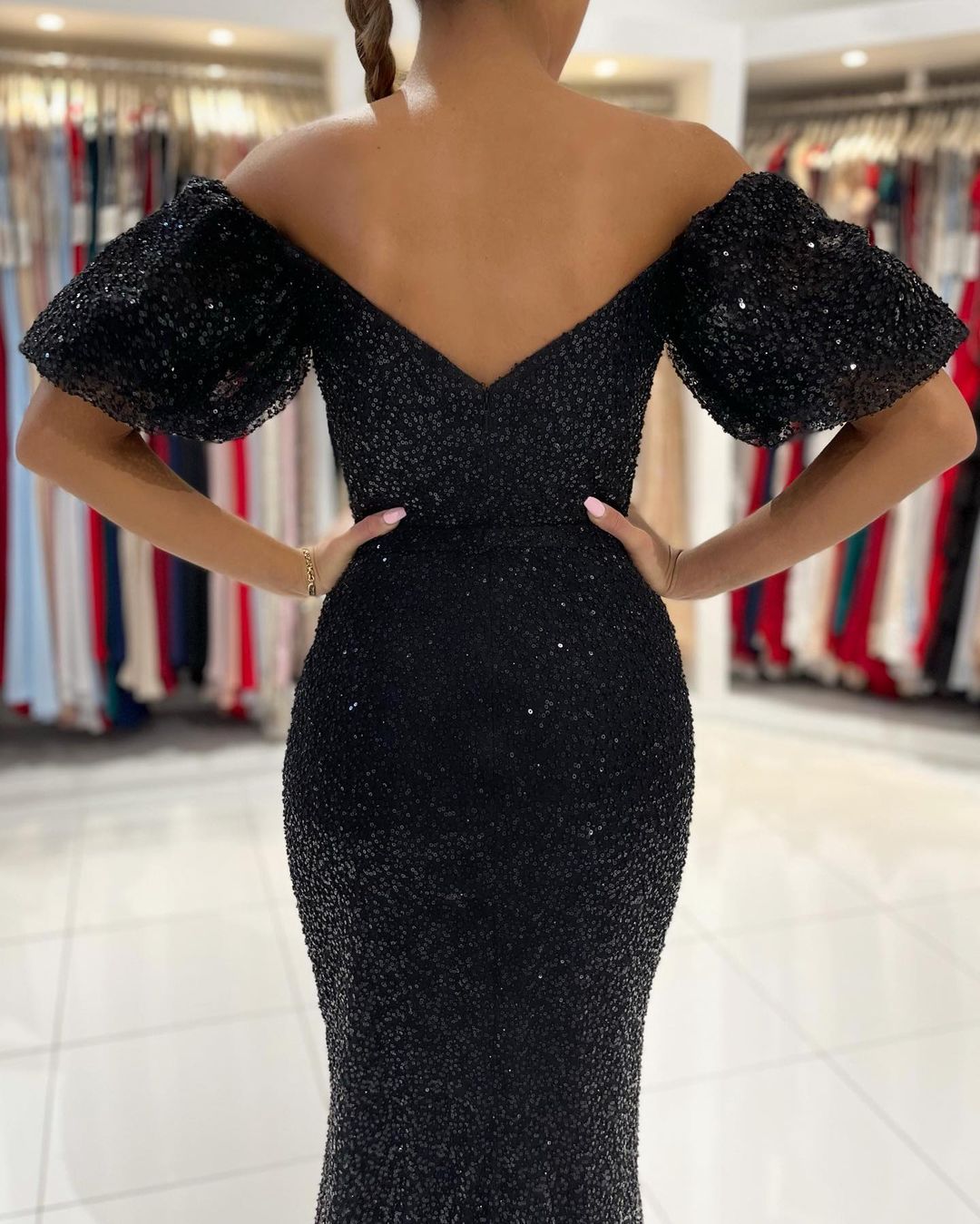 Off-the-Shoulder Black Sequins Prom Dress Mermaid With Split