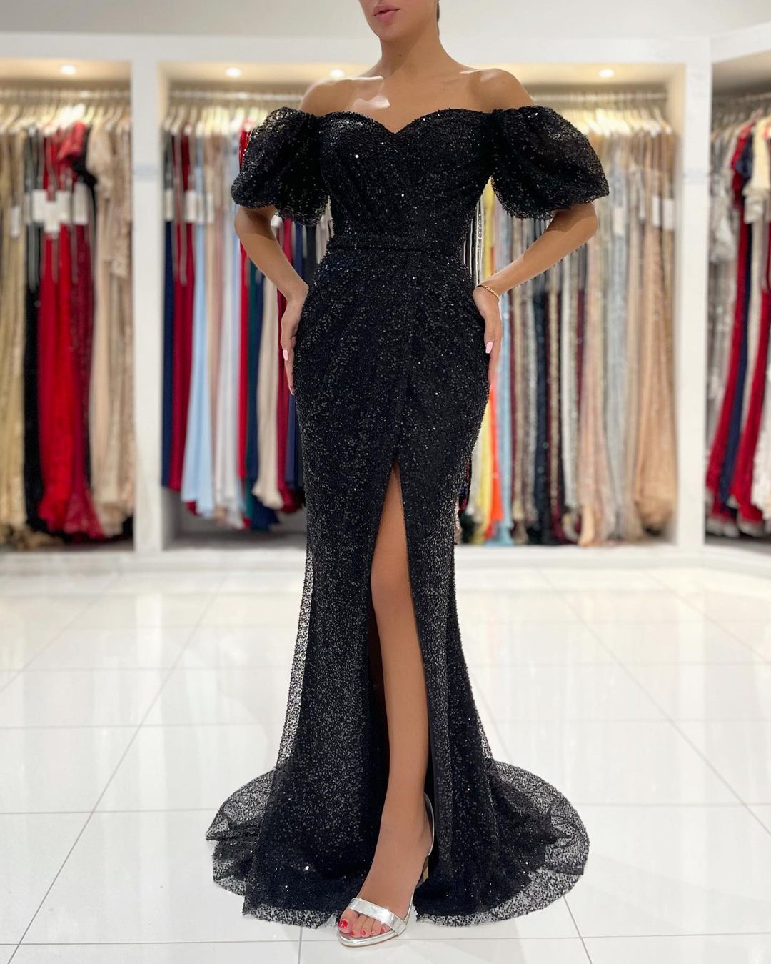 Off-the-Shoulder Black Sequins Prom Dress Mermaid With Split