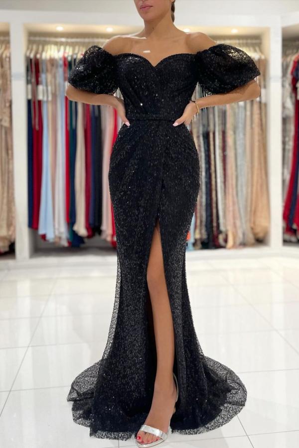 Off-the-Shoulder Black Sequins Prom Dress Mermaid With Split