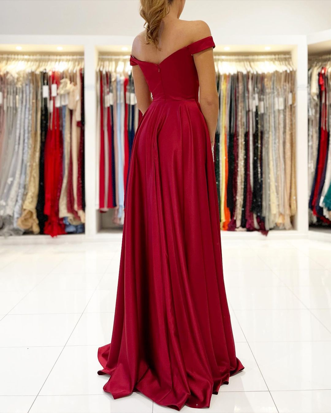 Off-the-Shoulder Burgundy Prom Dress Long With Split