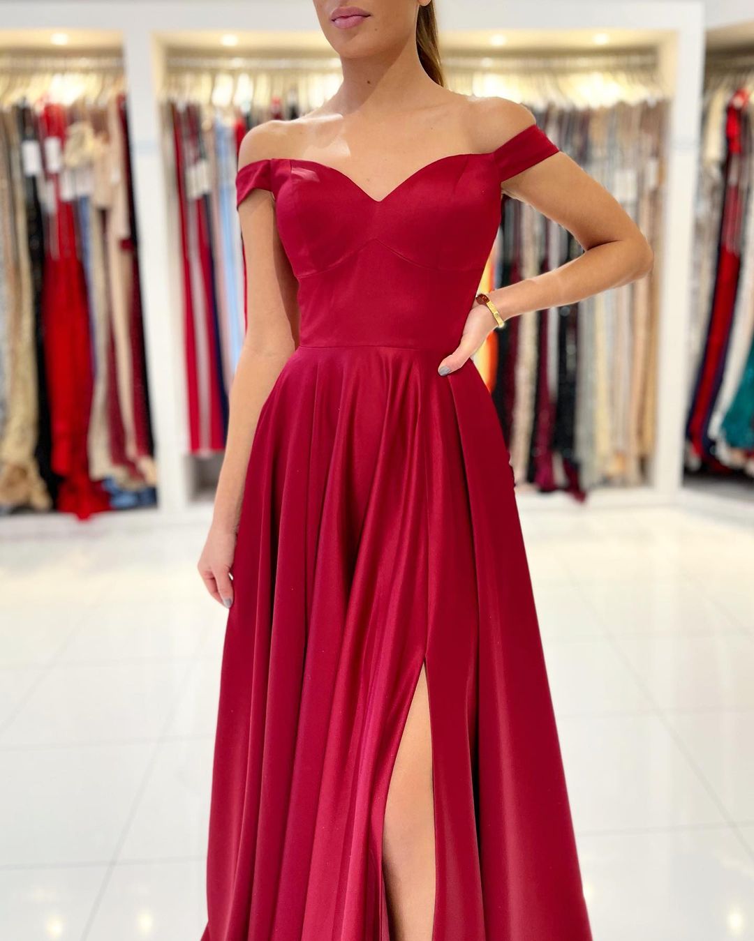 Off-the-Shoulder Burgundy Prom Dress Long With Split