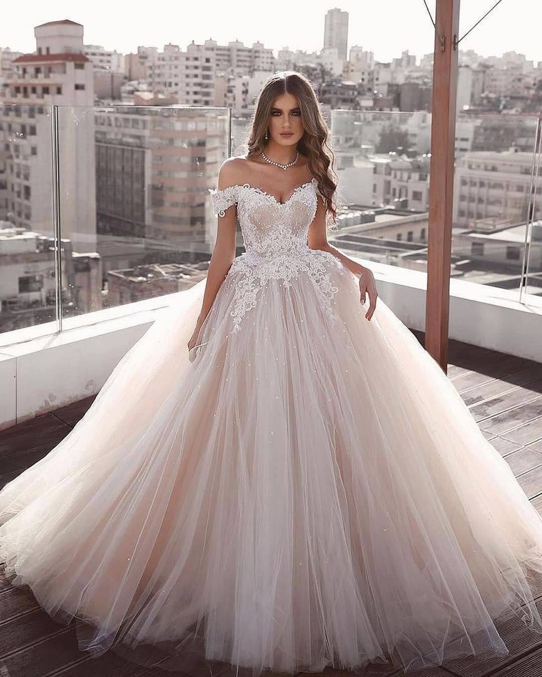 Off-the-Shoulder Champagne Wedding Dress Ball Gown With Tulle Lace