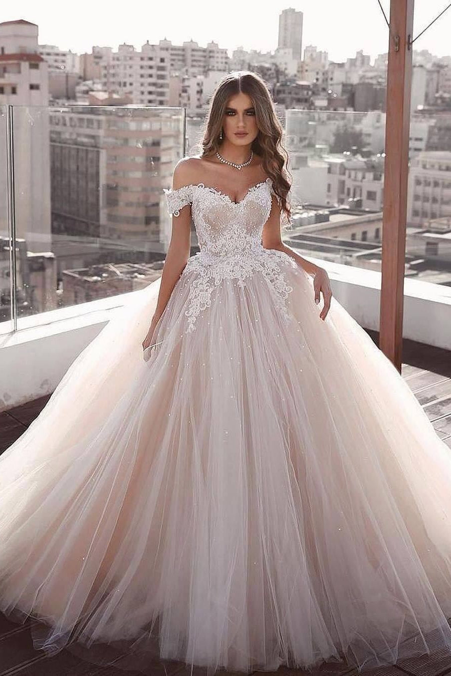 Off-the-Shoulder Champagne Wedding Dress Ball Gown With Tulle Lace