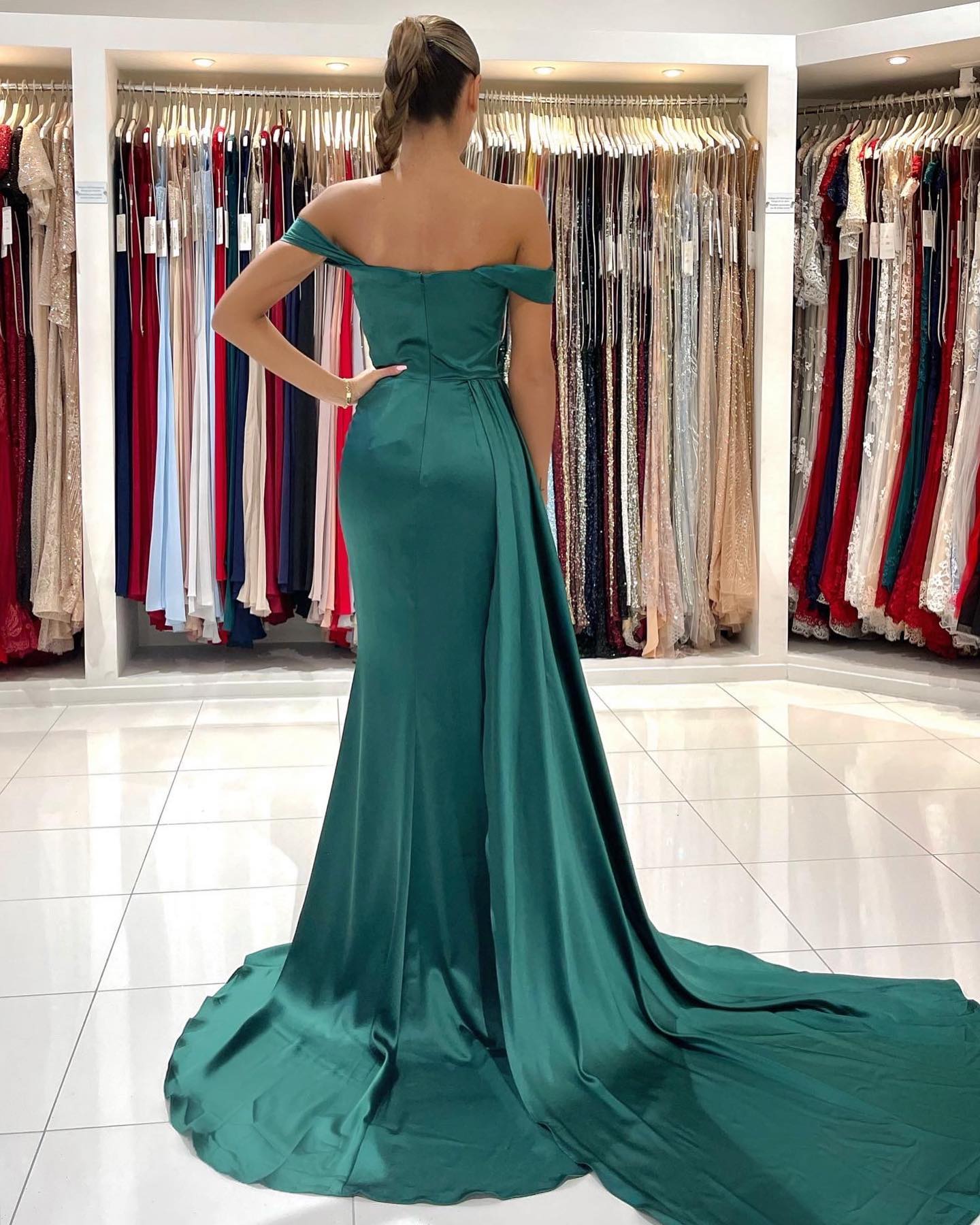 Off-the-Shoulder Dark Green Prom Dress Mermaid With Slit