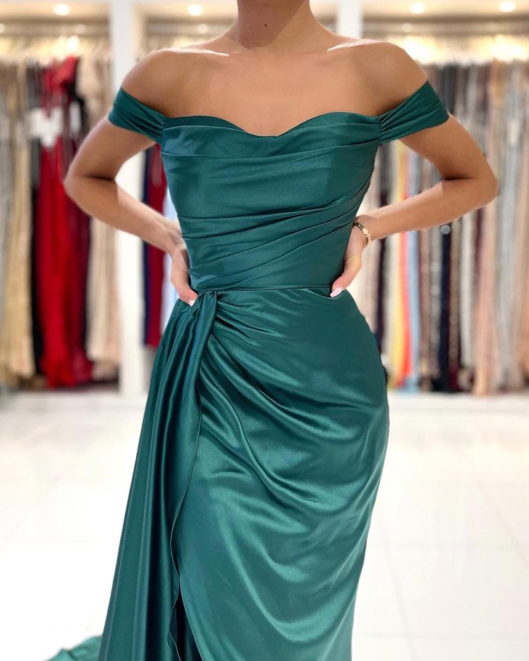 Off-the-Shoulder Dark Green Prom Dress Mermaid With Slit