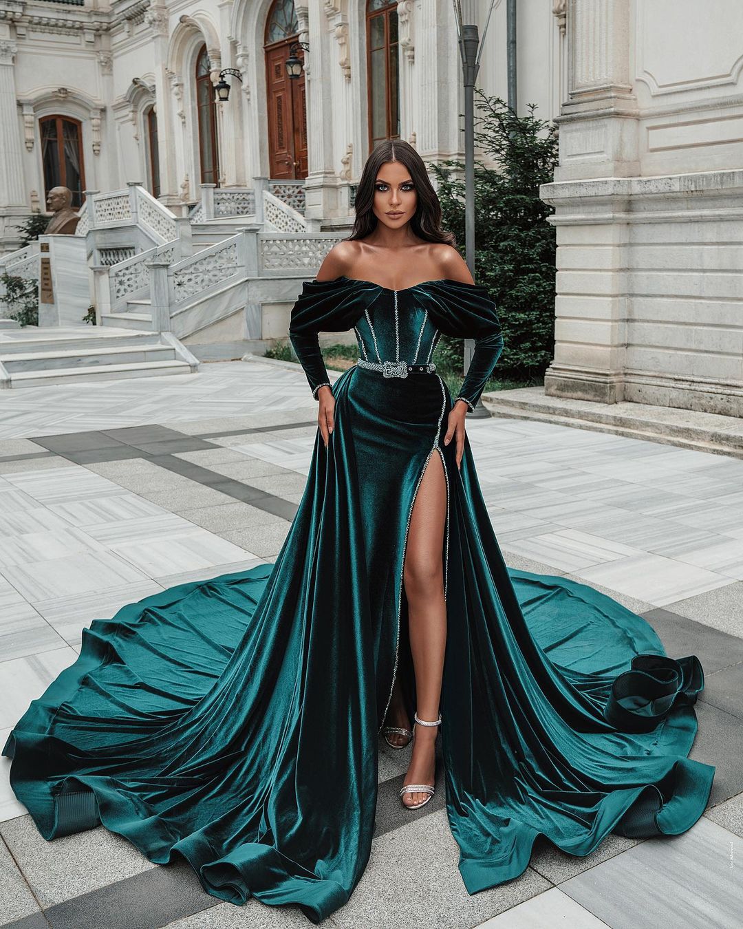 Off the shoulder Dark Green Velvet High split Prom Dress with detachable train