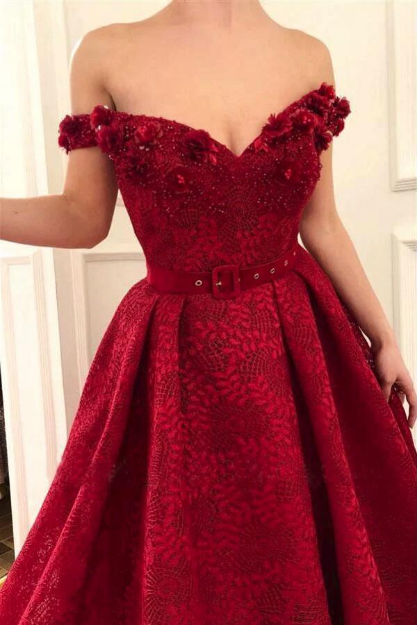 Off-the-Shoulder Lace Burgundy Prom Dresses Princess