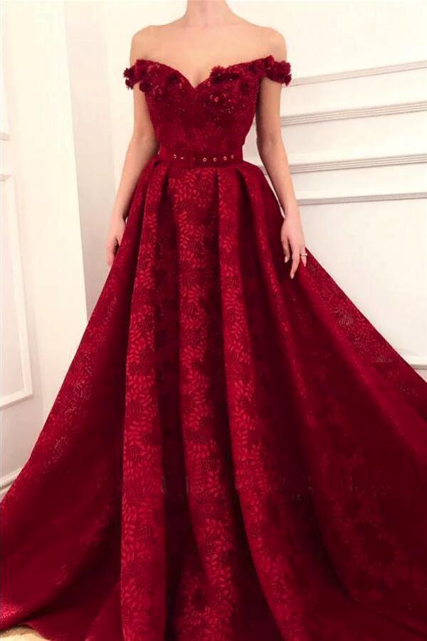 Off-the-Shoulder Lace Burgundy Prom Dresses Princess