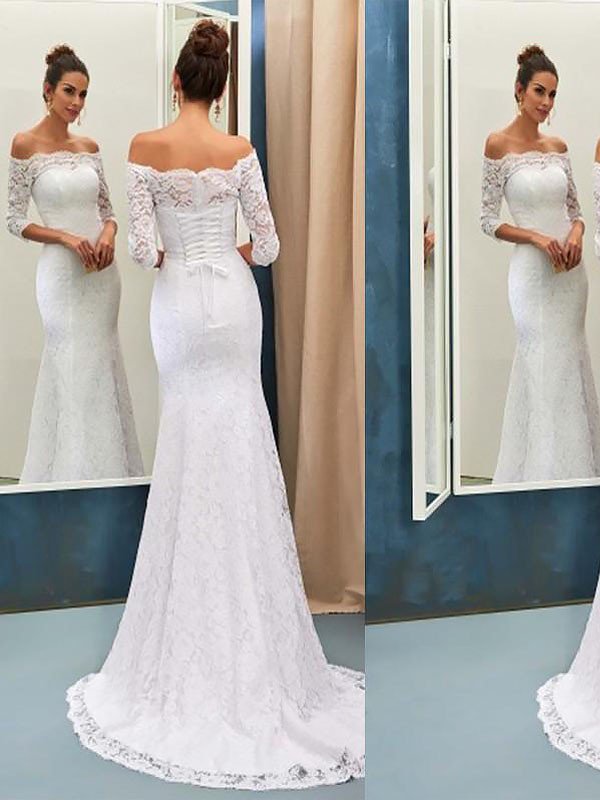 Off the Shoulder Lace Mermaid Long Sleevess Sweep Train Wedding Dresses