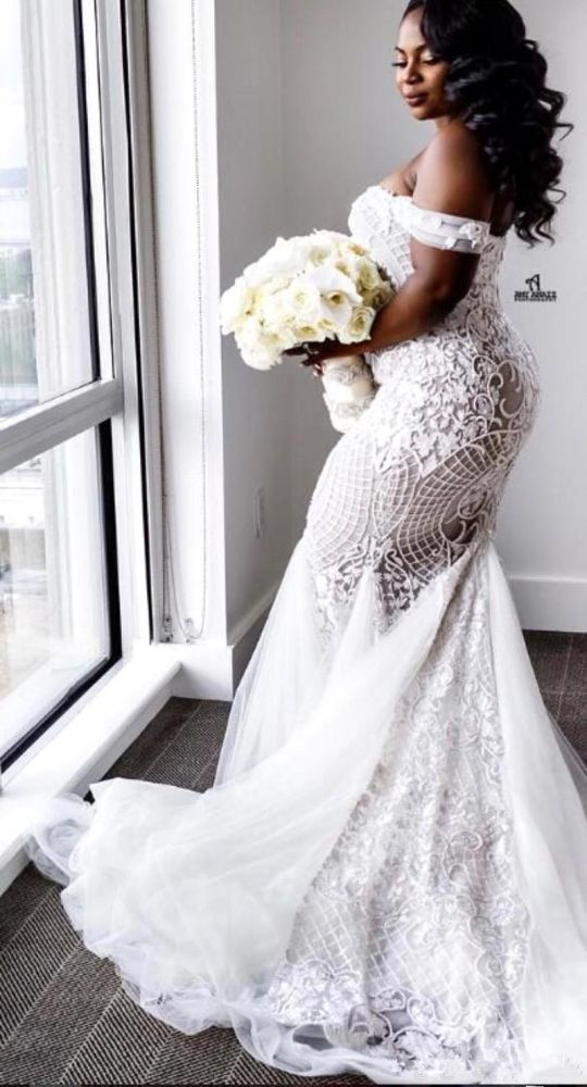 Off the shoulder Lace Mermaid Plus Size Wedding Dresses