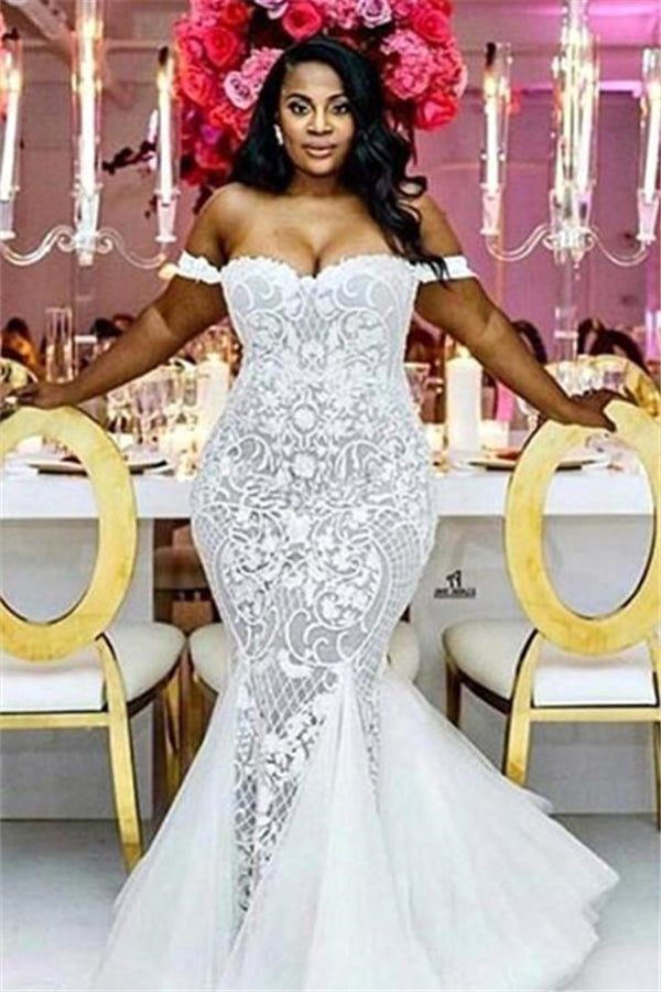 Off the shoulder Lace Mermaid Plus Size Wedding Dresses