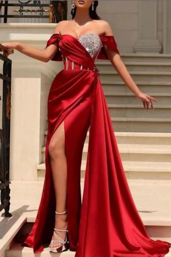 Off-the-Shoulder Long Prom Dresses Slit With Beads