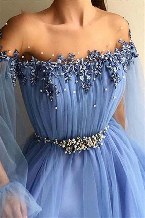 Off-the-Shoulder Long Sleeve Prom Dress Split With Beads