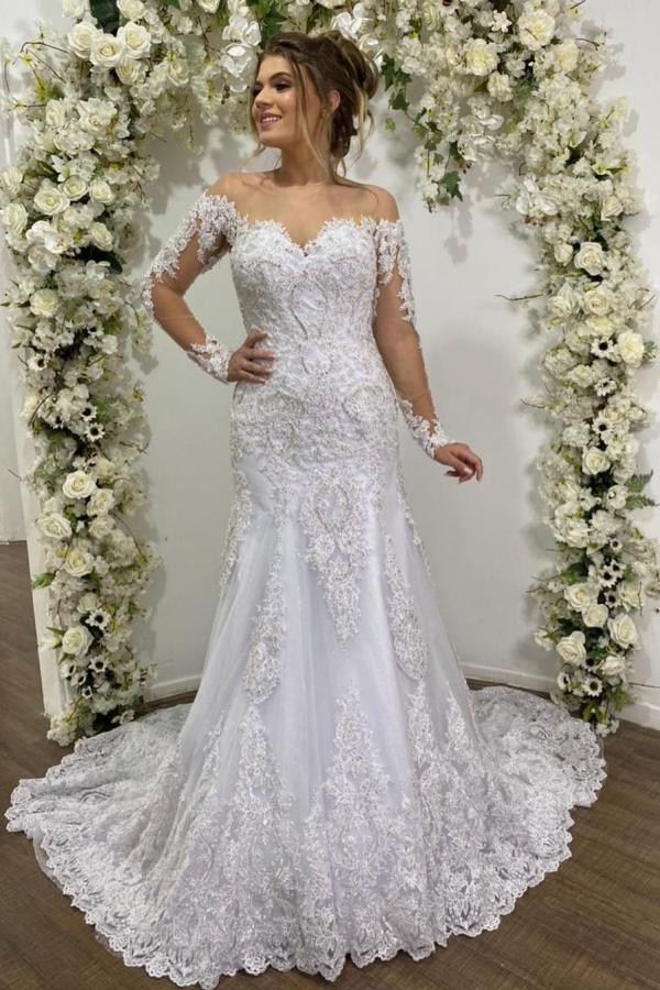 Off-the-Shoulder Long Sleeve Wedding Dress Mermaid With Lace Appliques