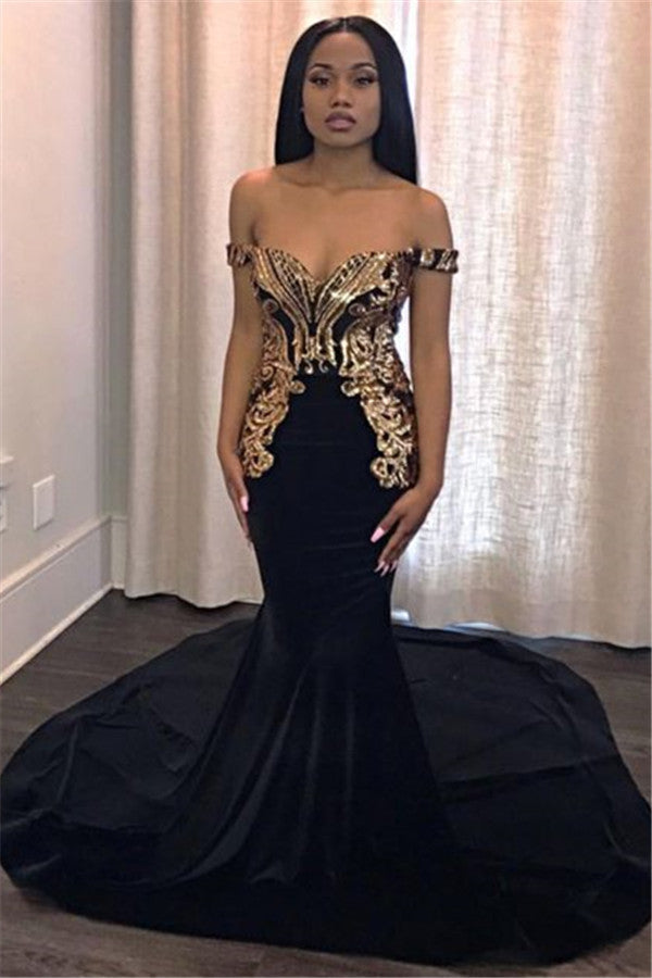 Off-the-Shoulder Mermaid Black Prom Dress With Gold Appliques