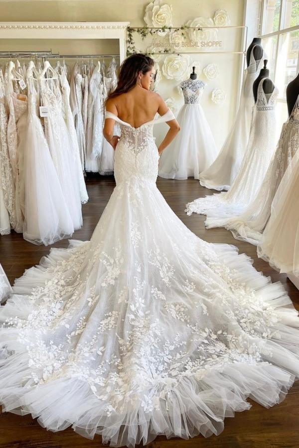 Off-the-Shoulder Mermaid Lace Wedding Dress Long