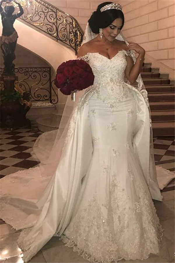 Off-the-Shoulder Mermaid Wedding Dress Overskirt Lace Bridal Gown