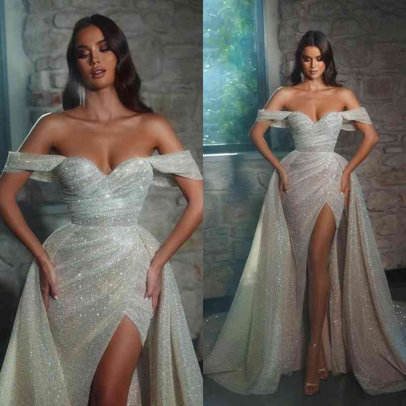 Off-the-Shoulder Mermaid Wedding Dress Sequins Slit Overskirt