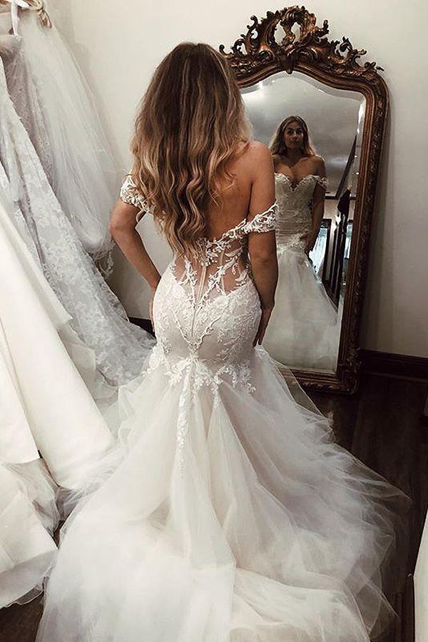 Off-the-Shoulder Mermaid Wedding Dress Tulle With Lace Appliques