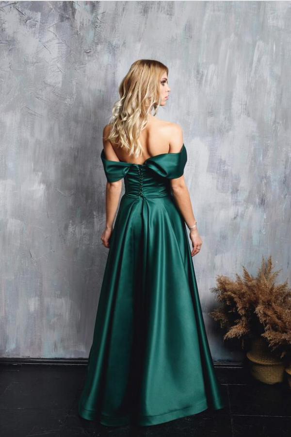 Off-the-Shoulder Prom Dress Emerald Green Long With Slit