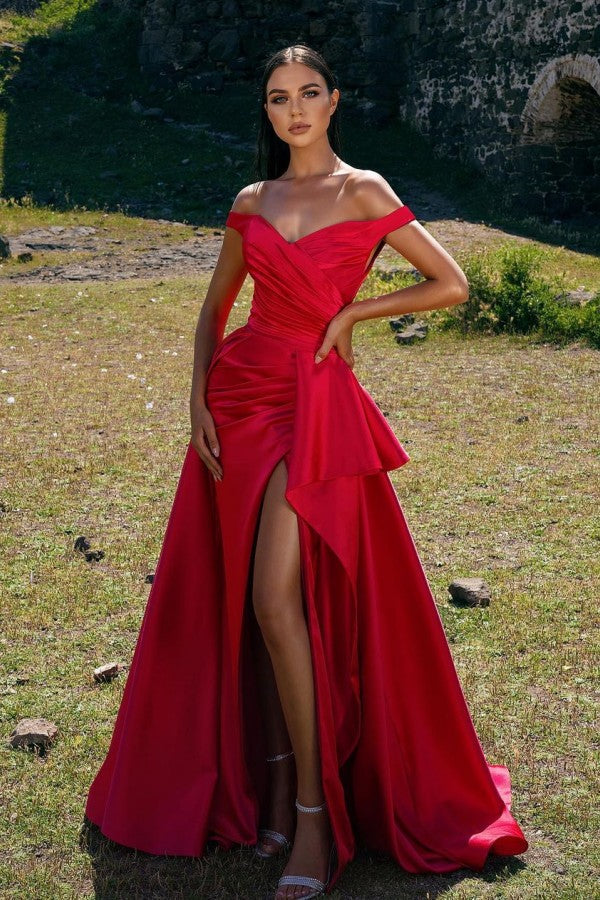 Off-the-Shoulder Red Prom Dress Ruffles With Slit