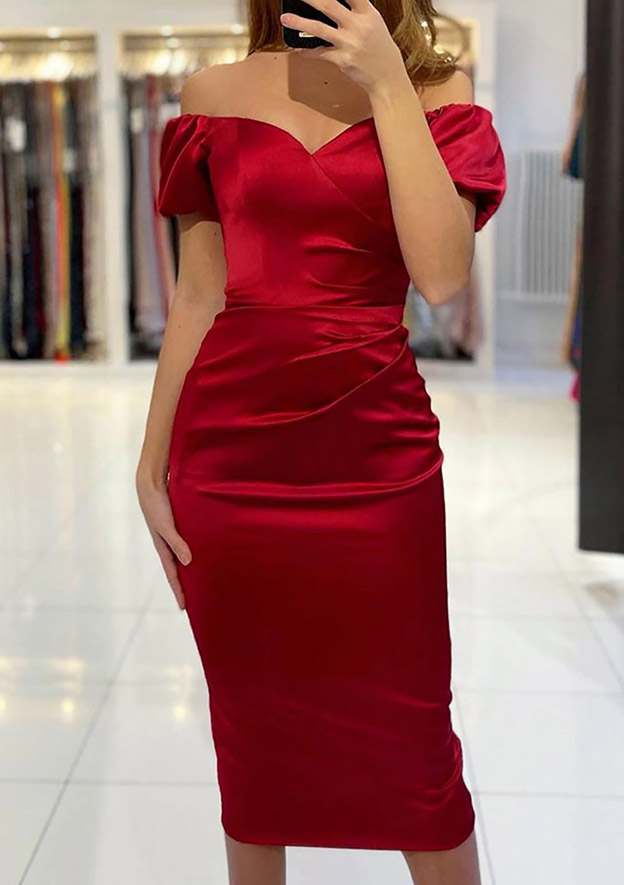 Off-the-Shoulder Satin Prom Dress/Evening Dress with Pleated Sheath/Column Design