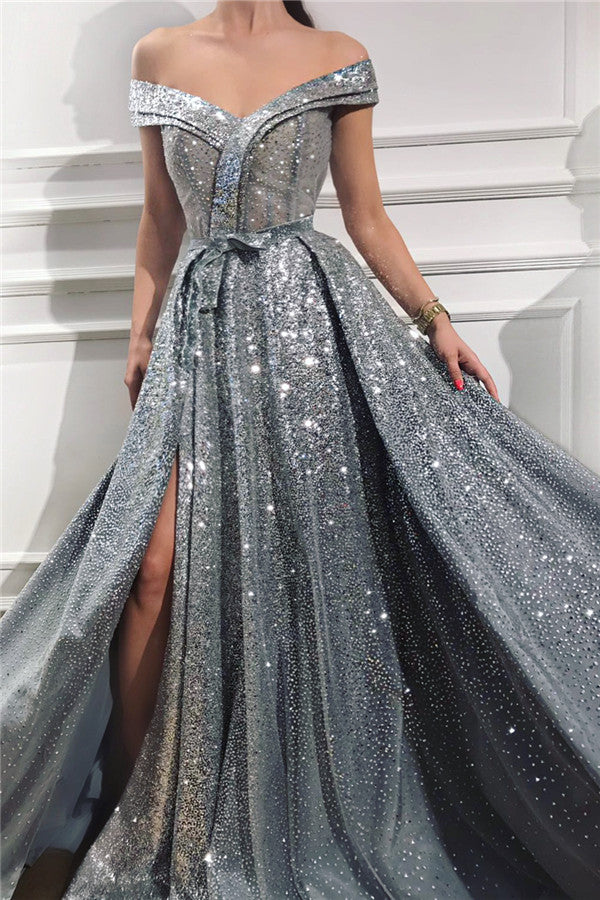 Off-the-Shoulder Sequins Prom Dress Slit Long