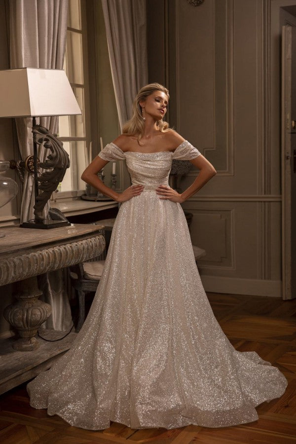 Off-the-Shoulder Sequins Wedding Dresses Long With Pleats