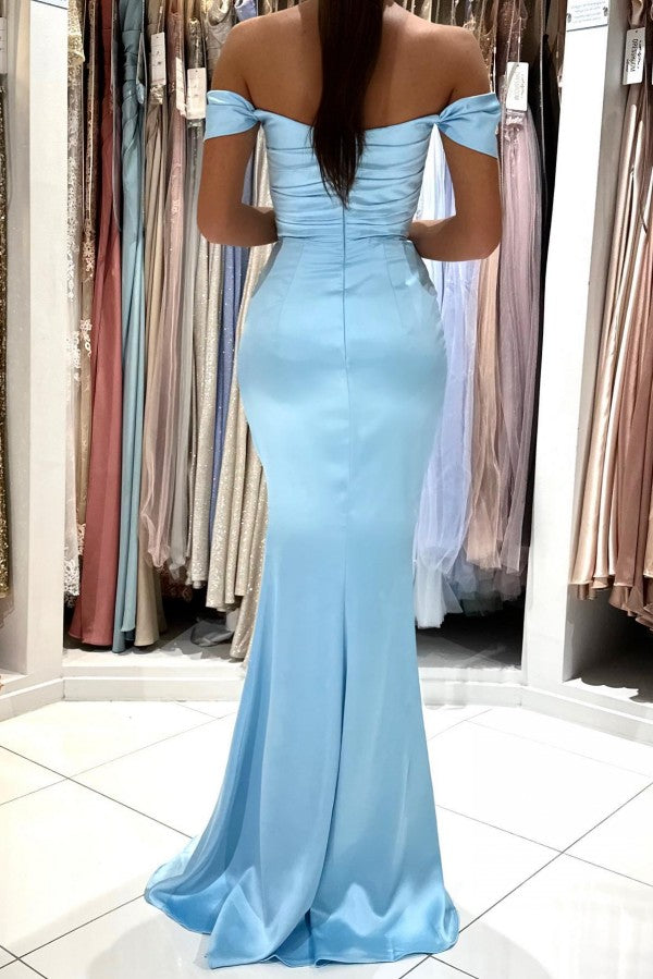 Off-the-Shoulder Sky Blue Prom Dress Mermaid Long With Slit