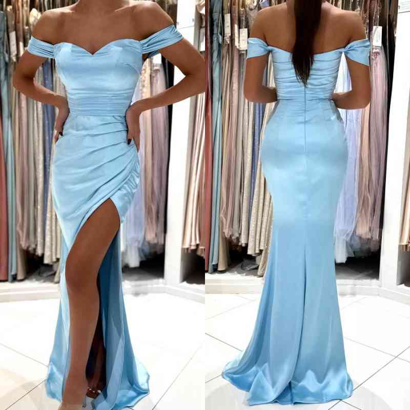 Off-the-Shoulder Sky Blue Prom Dress Mermaid Long With Slit