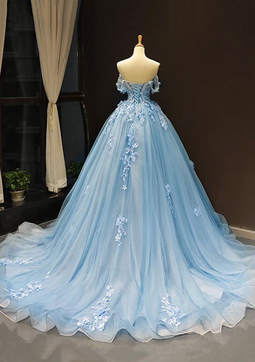 Off-the-Shoulder Sweep Train Tulle Prom Dress/Evening Dress With Appliqued Ball Gown