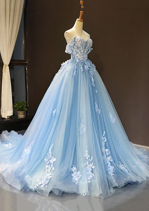 Off-the-Shoulder Sweep Train Tulle Prom Dress/Evening Dress With Appliqued Ball Gown