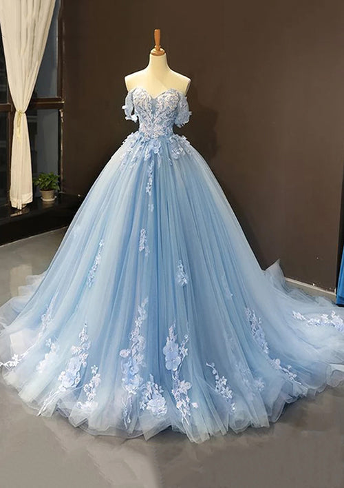 Off-the-Shoulder Sweep Train Tulle Prom Dress/Evening Dress With Appliqued Ball Gown