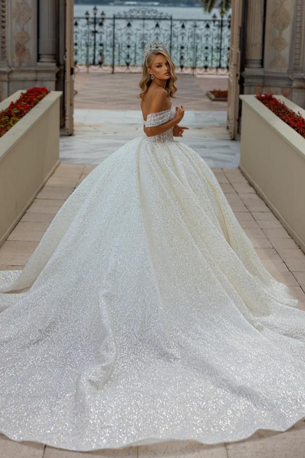 Off-the-Shoulder Wedding Dress Ball Gown With Lace Sequins