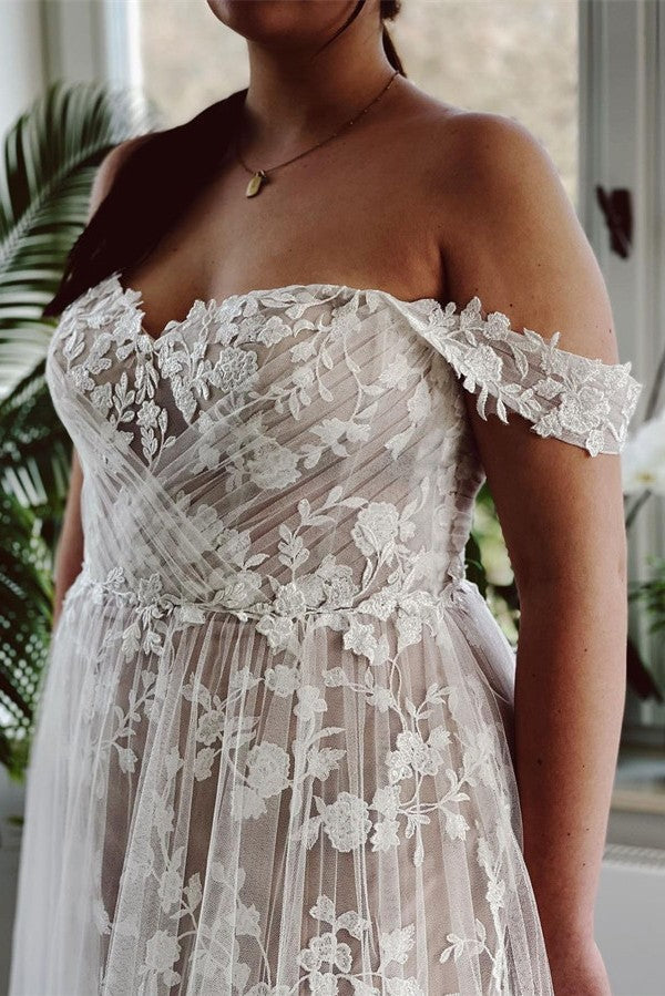 Off-the-Shoulder Wedding Dress Champagne Lace Appliques