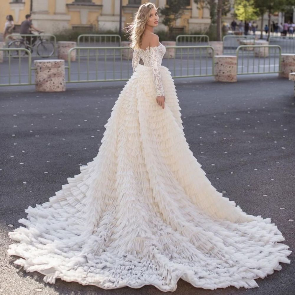 Off the Shoulder Wedding Gown Long Sleeves Floral Mermaid with Detachable Train