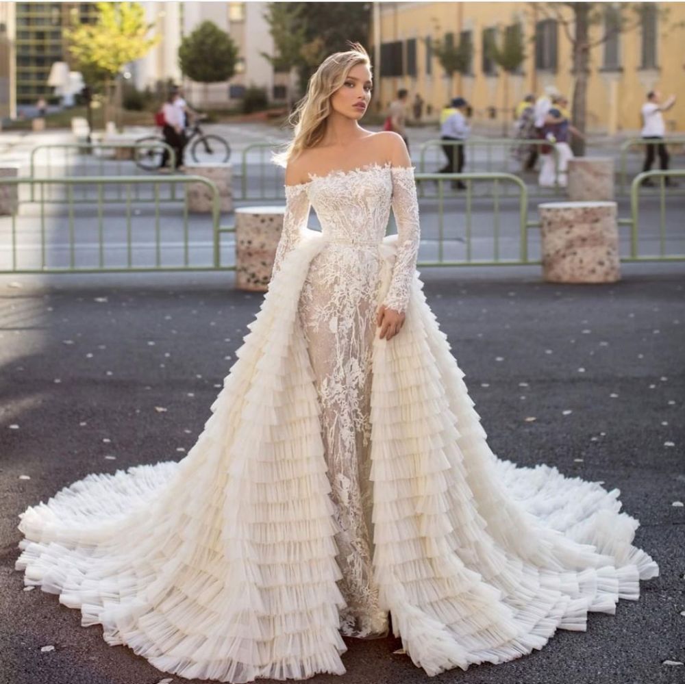 Off the Shoulder Wedding Gown Long Sleeves Floral Mermaid with Detachable Train