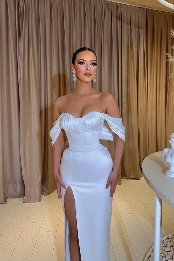 Off-the-Shoulder White Prom Dress Mermaid Slit