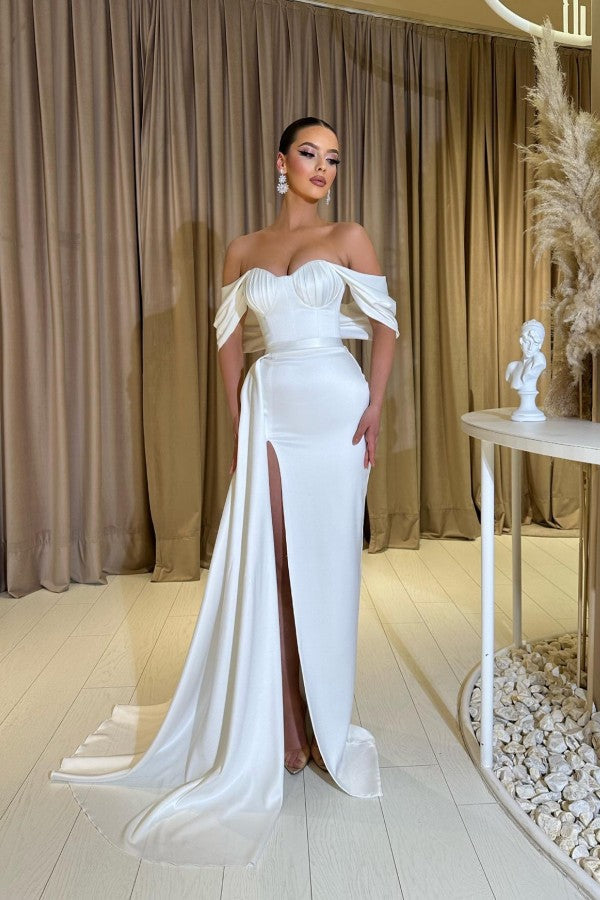 Off-the-Shoulder White Prom Dress Mermaid Slit