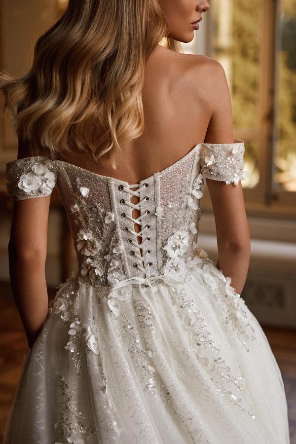 Off-the-Shoulder White Wedding Dress Lace-up Shiny With Appliques